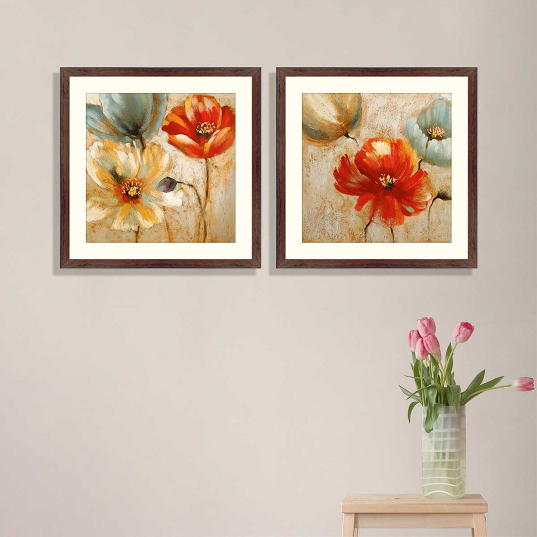 Pair of Floral Art in Brown Frame
